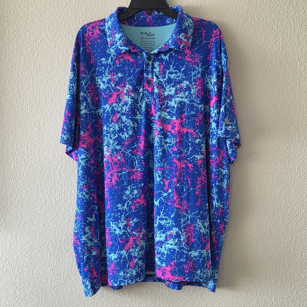 Birdie Bound Polo Shirt Mens 3XL Blue Pink Abstract Splatter Golf Performance